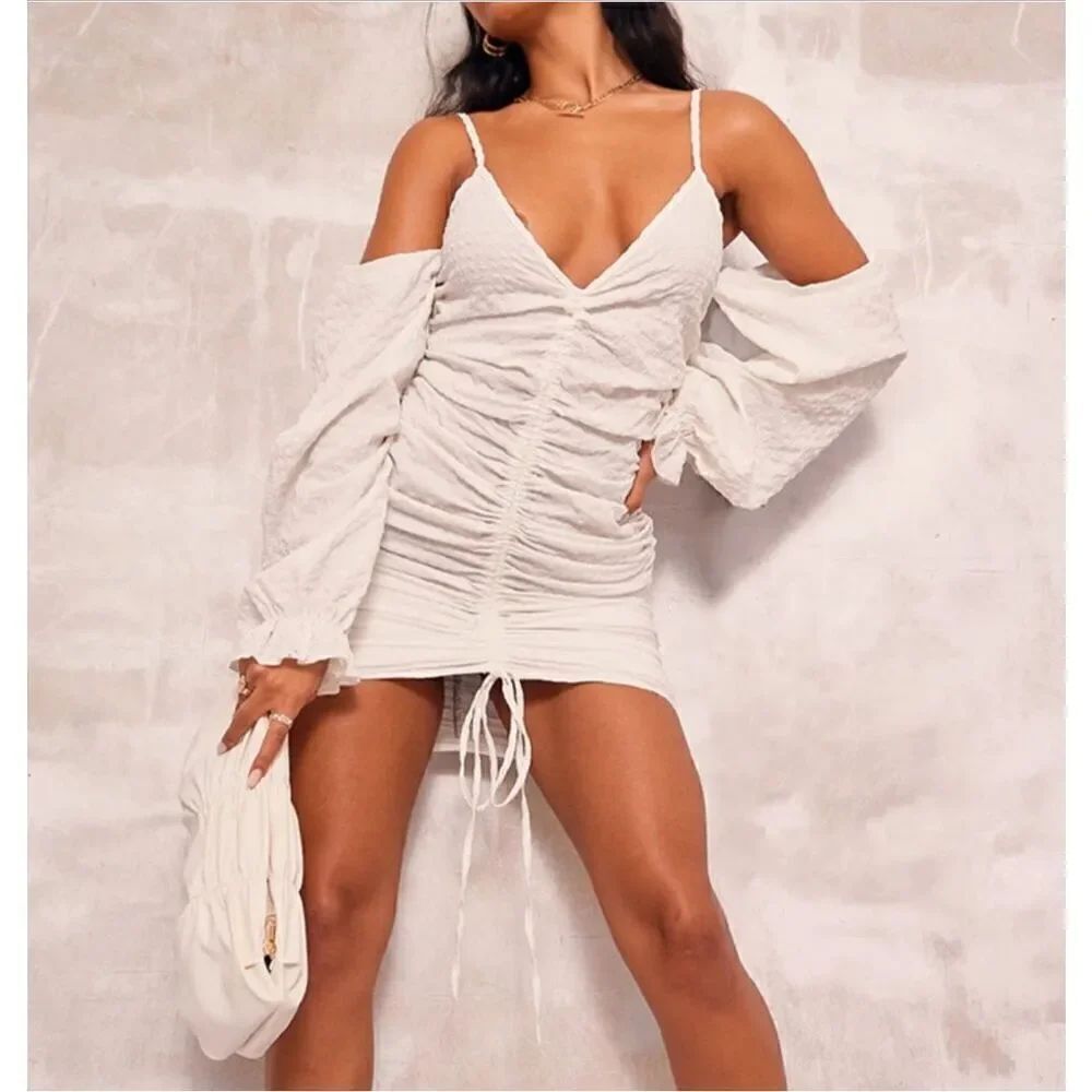 PrettyLittleThing White Textured Cold Shoulder Ruched Bodycon Dress Size 0
